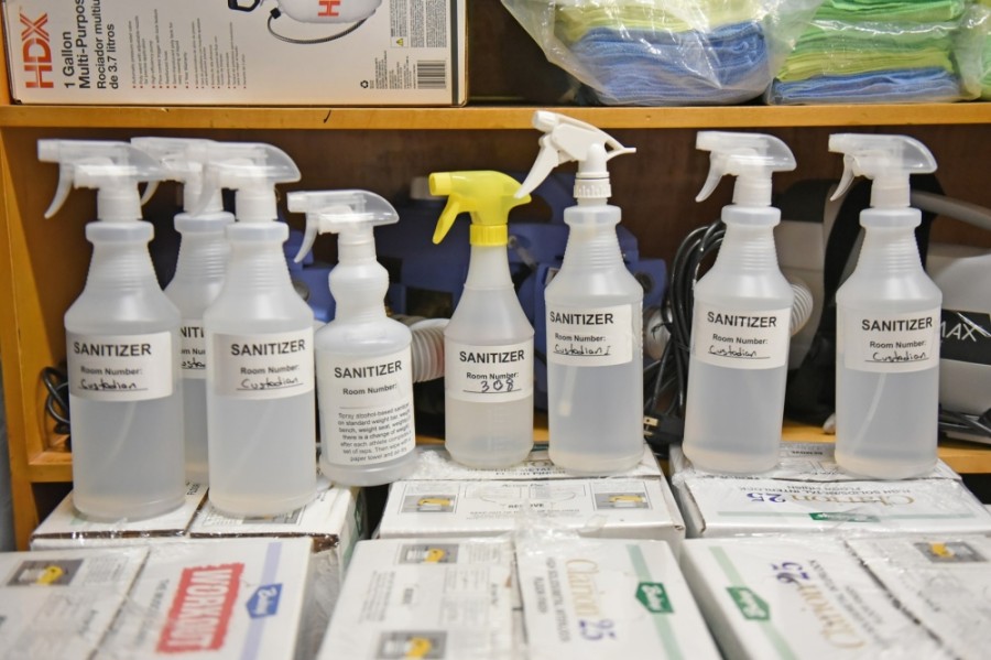 Cleaning products are stored in a Cy-Fair ISD campus custodian closet. (Courtesy Cy-Fair ISD)