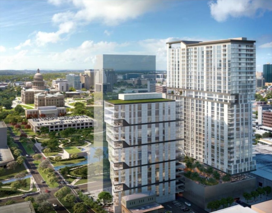 The proposal from Aspen Heights Partners would place two towers—one residential and one office—on the downtown tract. (Courtesy Austin Economic Development Department)