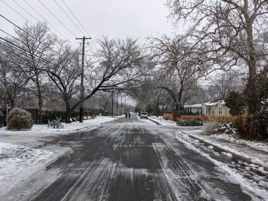 A residential road in Central Austin remains covered in snow and ice as of the morning of Feb. 17. (Iain Oldman/Community Impact Newspaper)