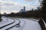 Snow covers I-45 in Houston during a winter storm that hit Texas the night of Feb. 14. (Shawn Arrajj/Community Impact Newspaper)