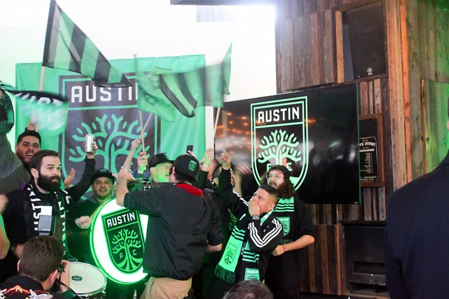 Austin FC supporters celebrate the official announcement of the team in January 2019. (Amy Denney/Community Impact Newspaper)