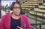 Austin Public Health Director Stephanie Hayden-Howard speaks to reporters March 13 at the Delco Actiity Center in Northeast Austin. Residents can walk up to the Delco Center on April 22 and 23 and receive vaccines without an appointment. (Jack Flagler/Community Impact Newspaper)