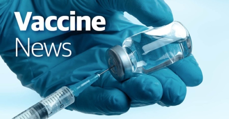 Photo of a gloved hand holding a vaccine vial with the words "vaccine news" superimposed