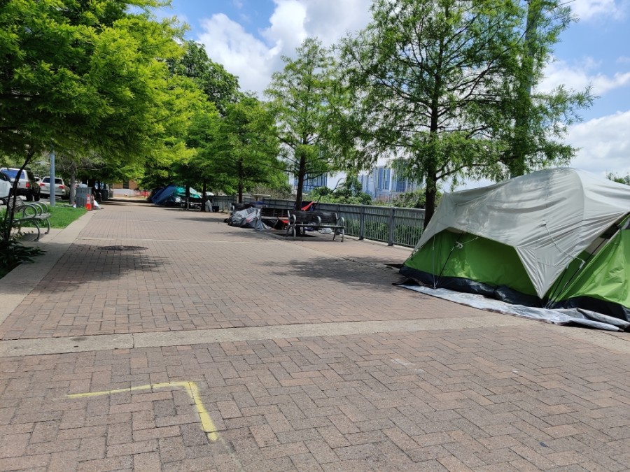Tents and encampments lined Cesar Chavez Street downtown following Proposition B's passage in May. (Ben Thompson/Community Impact Newspaper)