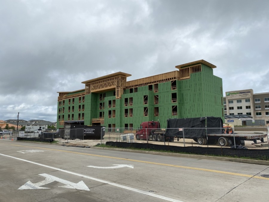 The new hotel is under construction in the Stone Hill Town Center. (Trent Thompson/Community Impact Newspaper)
