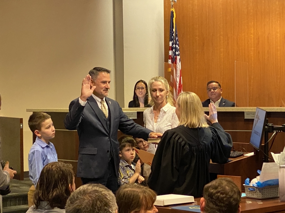 Matthew Baker was sworn in for a second term in Place 3 on the Round Rock City Council May 27. (Community Impact Newspaper/Brooke Sjoberg)