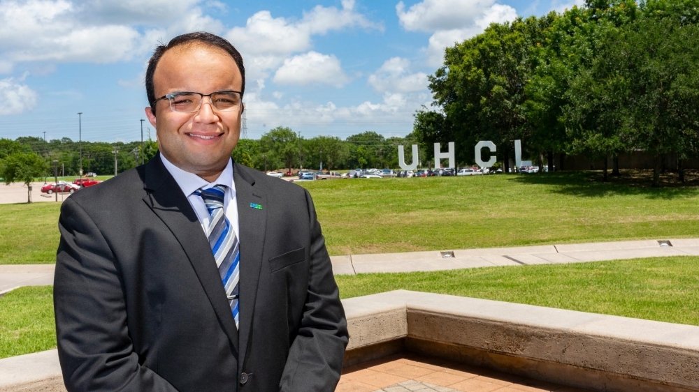 When he is not on the UHCL campus, Delgado is employed part-time as a legal assistant at Travis Bryan Law Group and is also a firefighter with the Pasadena Volunteer Fire Department. (Courtesy University of Houston-Clear Lake)