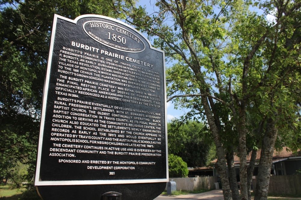 The cemetery's new historical marker was unveiled by the Montopolis Commuunity Development Corporation June 18. (Ben Thompson/Community Impact Newspaper)