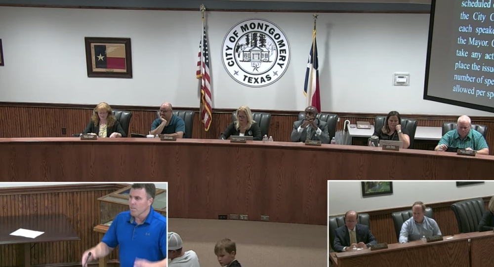 Former mayoral candidate Bill Clevenger (bottom left) argues with Mayor Sarah Countryman (third from left) on why his business should be allowed to open. (Screenshot via Montgomery City Council livestream)
