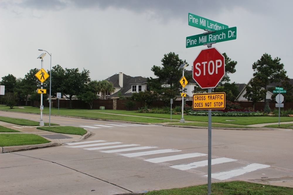 The Pine Mill Ranch Drive at Pine Mill Landing Lane intersection will soon be converted to a modular roundabout to increase safety and decrease congestion. (Morgan Jones/Community Impact Newspaper) 