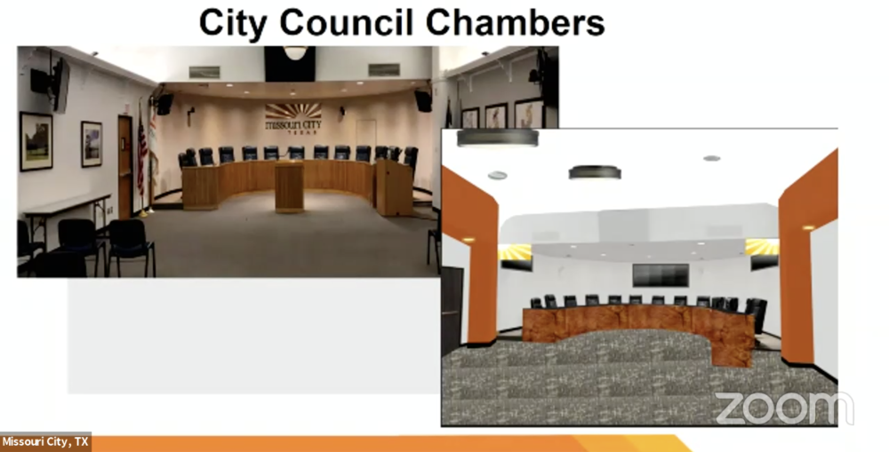 In the City Council chambers, improvements will include upgraded production and presentation technology, improved lighting, new carpeting, seating, fresh paint, new signage and art. (Courtesy city of Missouri City)