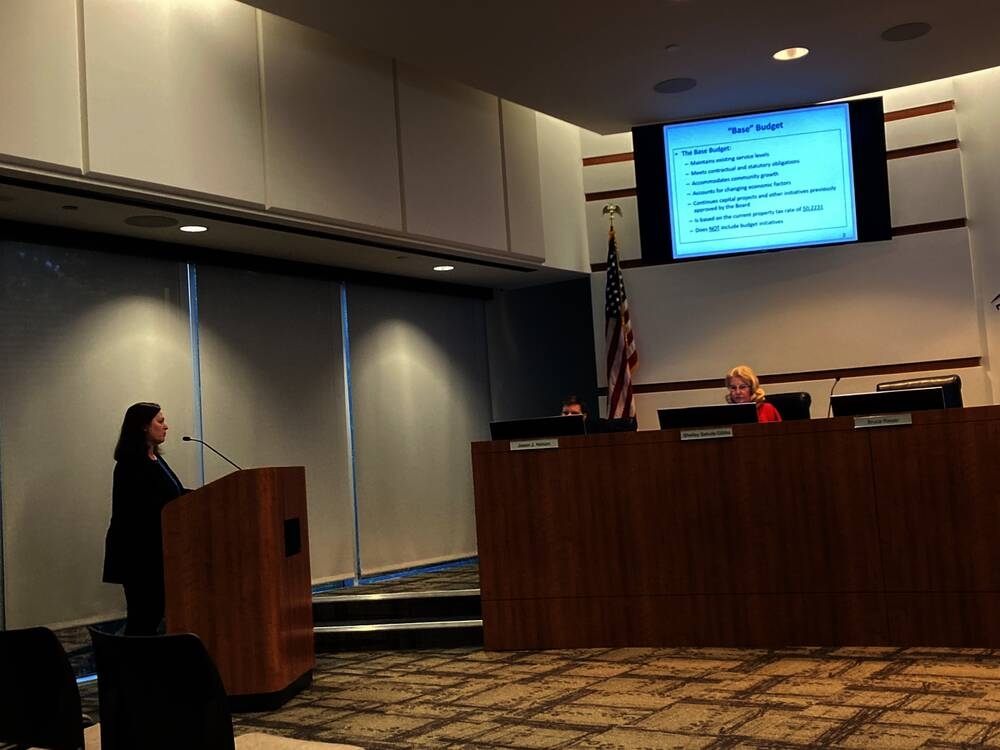 Monique Sharp, The Woodlands Township's assistant general manager for finance and administration, presented fisca year 2022 budget updates at a July 28 meeting. (Vanessa Holt/Community Impact Newspaper)