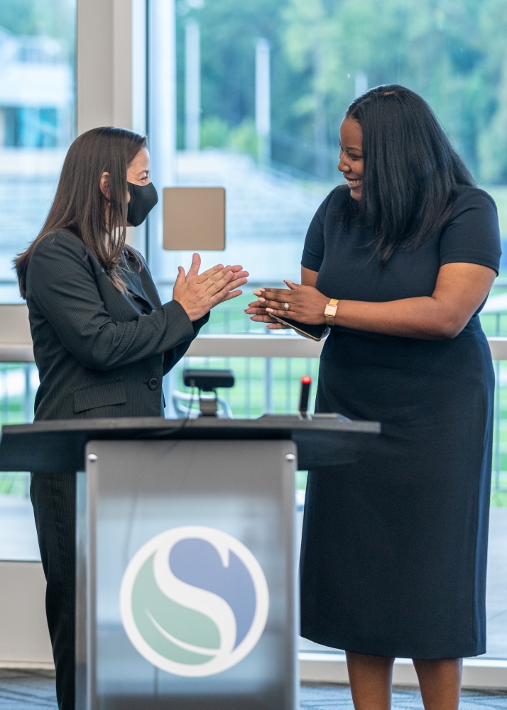 From left, Carmen Correa and Natasha McDaniel were sworn in to represent Spring ISD as trustees for positions 6 and 7, respectively, at an Aug. 10 board meeting. (Courtesy of Spring ISD)