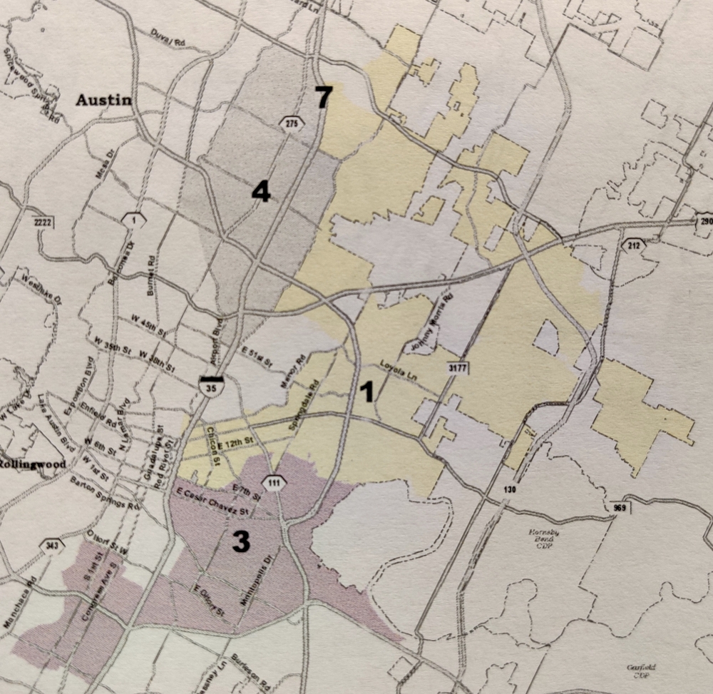 The NAACP-Hispanic Coalition redistricting proposal focuses only on council districts 1 through 4, and features no change to the existing District 2. (Courtesy NAACP-Hispanic Coalition)