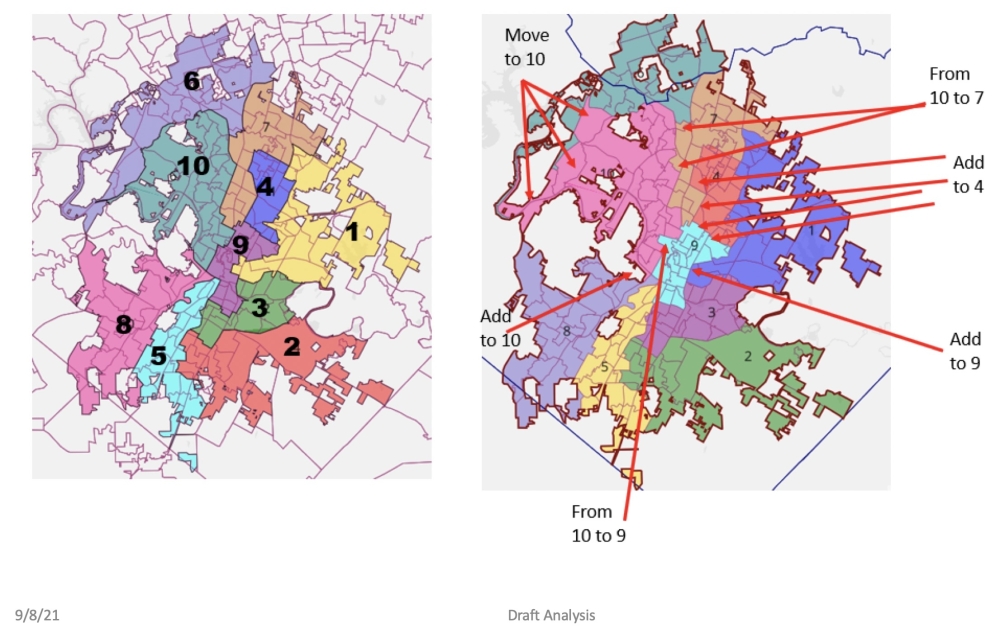 Mapping Specialist George Korbel's proposed revision of City Council district boundaries includes several notable changes, mainly stemming from adjustments in Northeast Austin. (Courtesy city of Austin)