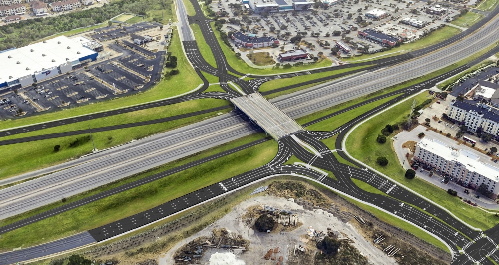 The diverging diamond intersection will temporarily switch the lanes when drivers cross I-35 on Parmer Lane, so drivers will be on the left side of the road. (Courtesy Texas Department of Transportation)