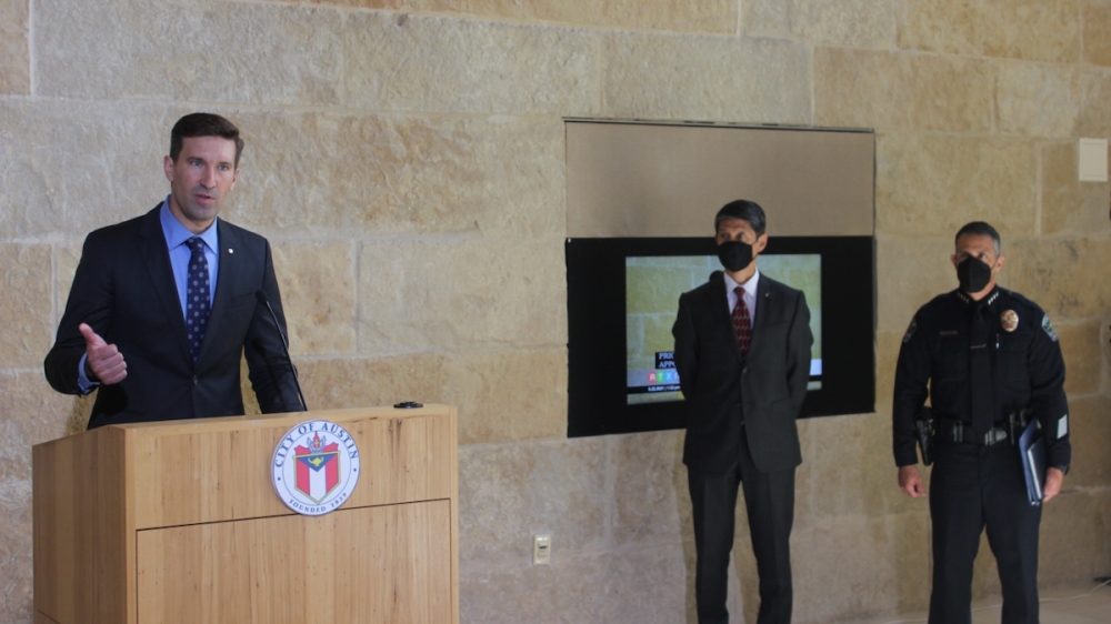 City Manager Spencer Cronk, left, led the months-long search and hiring process for Austin's next police chief. (Ben Thompson/Community Impact Newspaper)