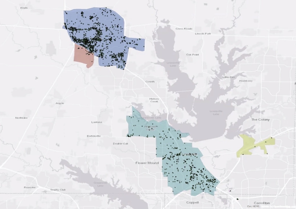 This map shows the location where each rider using the GoZone on-demand rideshare service was picked up between Sept. 7-17. Riders may go anywhere in the Highland Village/Lewisville zone or anywhere in the Denton zone. Rides between the two zones are available only on Sundays with the commuter rail line is not in service. (Courtesy Denton County Transportation Authority)