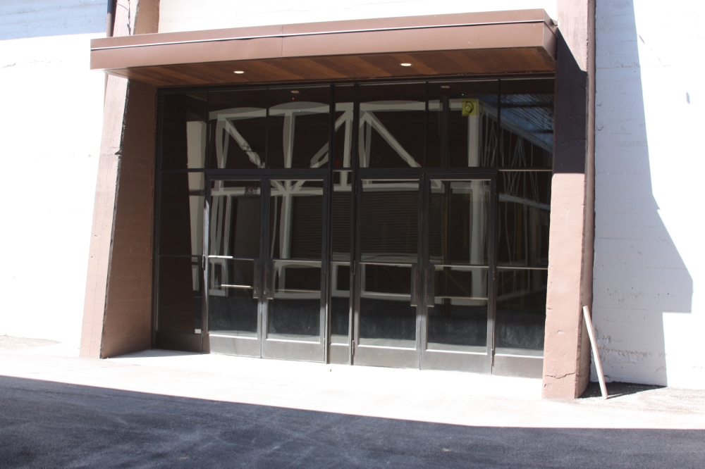 The entrances to the Wursthalle now have glass doors and new awnings.