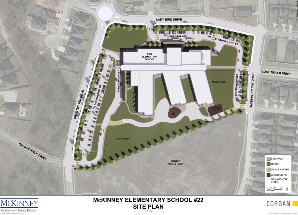 McKinney ISD's Elementary School No. 22 will sit on 12 acres of land bordered on the south by an 8-acre city park. (Courtesy Corgan)