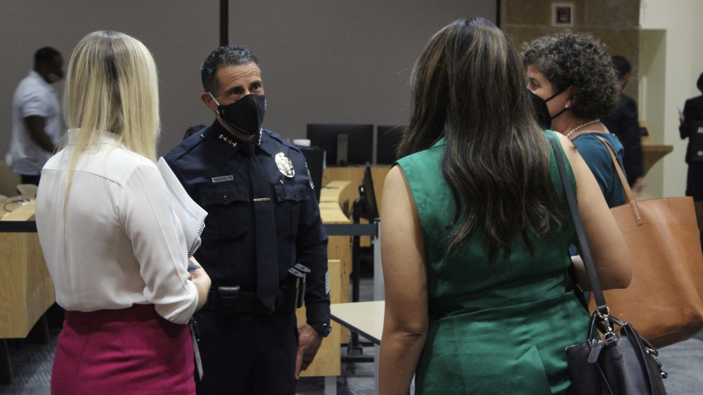 APD Chief Joseph Chacon spoke with several City Council members following his appointment Sept. 30. (Ben Thompson/Community Impact Newspaper)