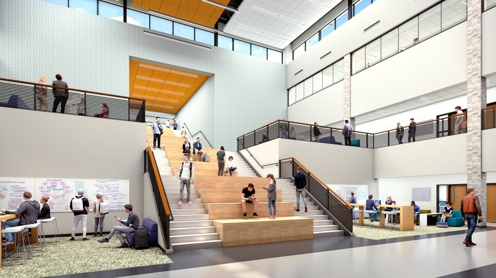 A rendering is shown of a flexible space inside Panther Creek High School, which includes learning stairs and a collaboration board. The school's attendance zones are drawn to pull from Lone Star and Memorial high schools. (Courtesy Corgan)