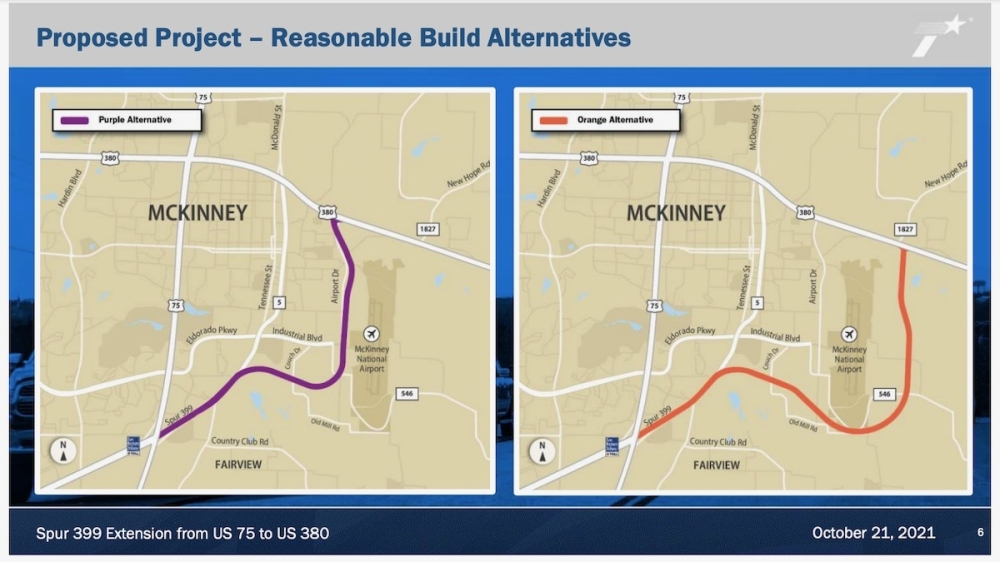 TxDOT held a presentation Oct. 21 to consider two possible alignments for an extension to Spur 399 in McKinney. (Screenshot by Miranda Jaimes/Community Impact Newspaper)