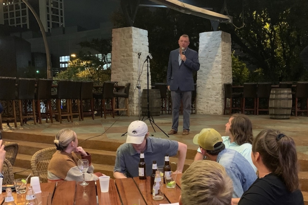 Save Austin Now co-founder Matt Mackowiak spoke about the defeat of Proposition A at a downtown event Nov. 2. (Olivia Aldridge/Community Impact Newspaper)