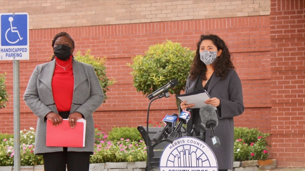 Harris County Judge Lina Hidalgo, right, and Latrice Babin, Harris County Pollution Control executive director, both spoke at the unveiling of the county's new mobile air quality monitoring unit. (Andy Yanez/Community Impact Newspaper)