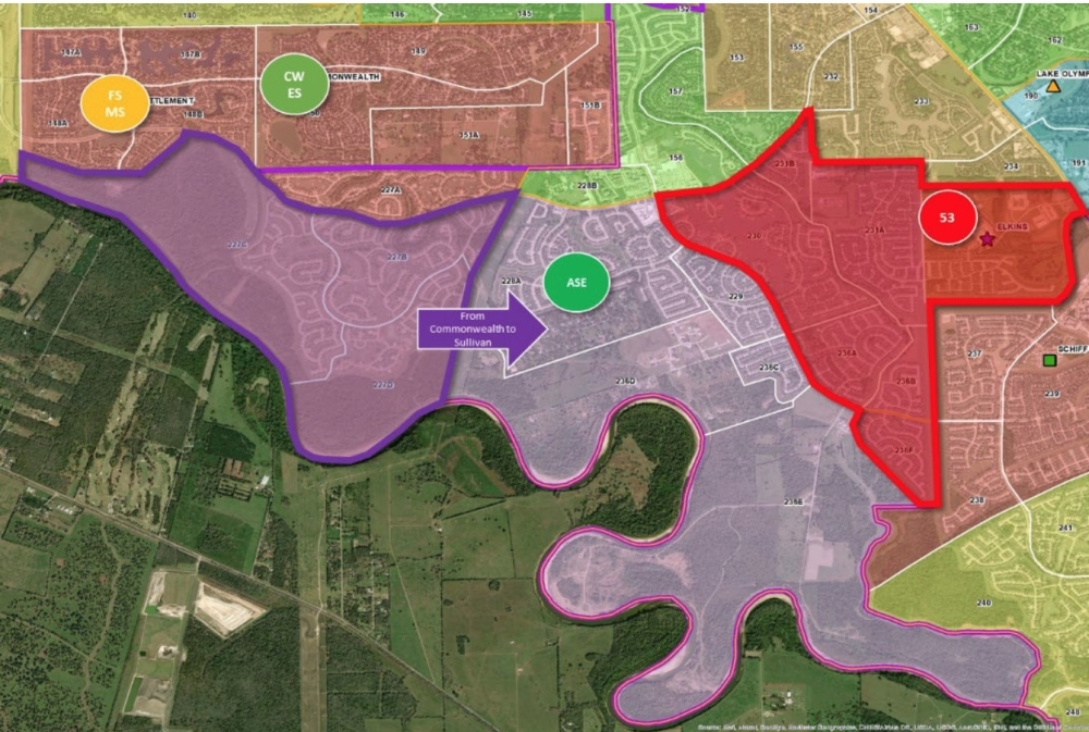 This map shows the proposed attendance boundary for Sonal Bhuchar Elementary School in red. Additionally, the area outlined in purple will be rezoned from Commonwealth Elementary School to Sullivan Elementary School. (Courtesy Fort Bend ISD)