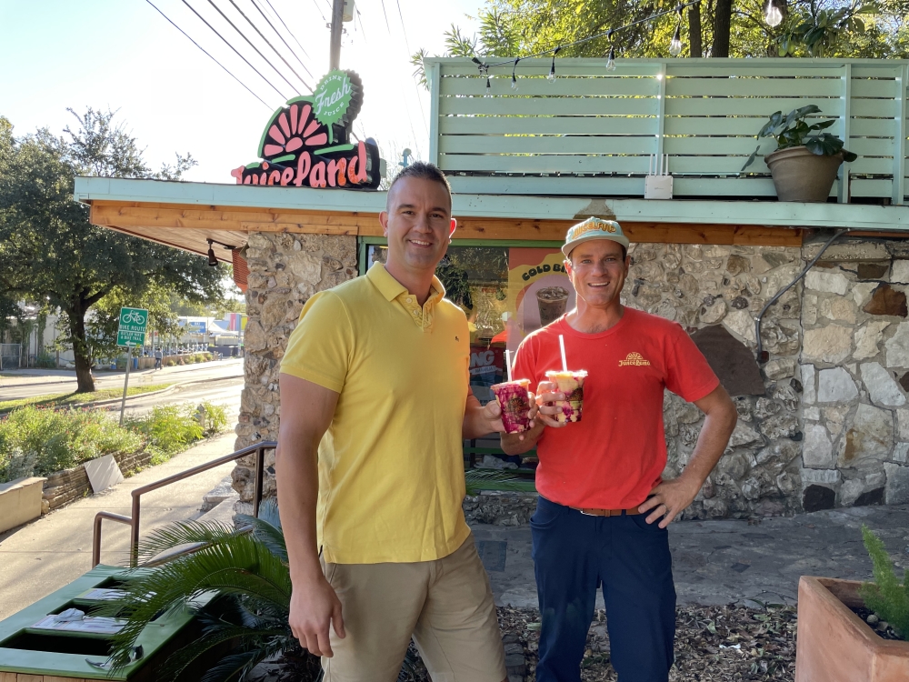 JuiceLand President Mark Jacob (left) will be working with JuiceLand employees behind the counter for the first eight weeks of employment. Matt Shook, (right) is the founder and CEO of the company. (Courtesy Red Fan Communications)