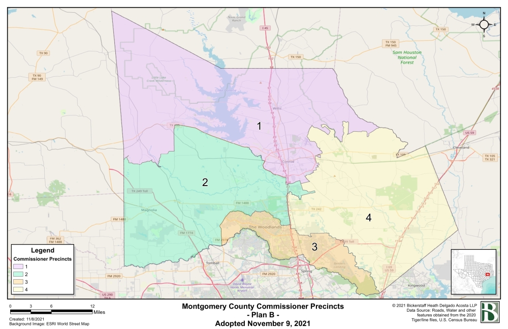 The new maps moved a single voting precinct in southeast Conroe from commissioner Precinct 4 to commissioner Precinct 1. (Courtesy Montgomery County, Bickerstaff Heath Delgado Acosta)