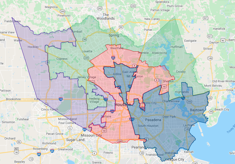 Map files obtained from the Office of the Harris County Attorney show the approved change in precinct boundaries from the 2010 census to the 2020 census. (Screenshot via Google Maps)