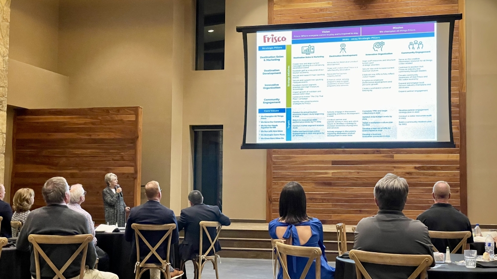 Visit Frisco and the City Council met Nov. 10 at the Verona Villa event center in a special joint meeting to highlight end-of-year accomplishments and share a new plan to build the city’s tourism scene into 2024. (Matt Payne/Community Impact Newspaper)