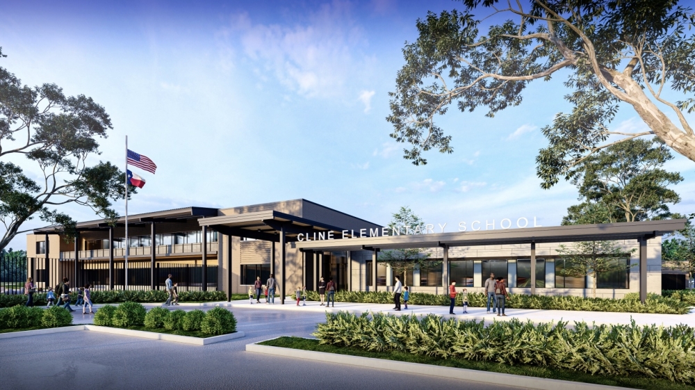 Some of the potential changes to help lower the cost for the new Cline Elementary School, located at the West Ranch master-planned community, include removing the outdoor amphitheater and removing all balconies on the second floor. (Rendering courtesy PBK Architects)