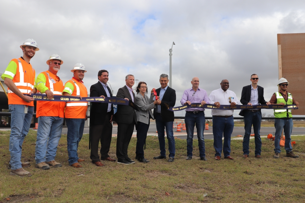 Hays County, San Marcos and TxDOT officials celebrated the completion of the I-35 and Posey Road transportation project Nov. 16. (Zara Flores/Community Impact Newspaper)