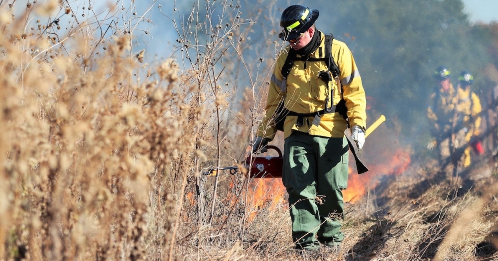 firefighter with tools walking next to high brush