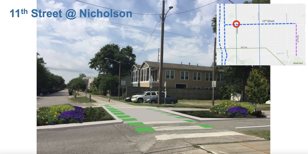 A rendering shows what the intersection of 11th and Nicholson streets could look like after the 11th Street Bikeway is implemented. (Courtesy City of Houston)