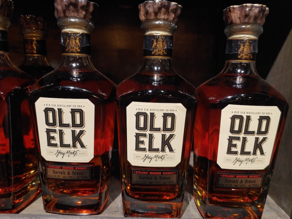 A bottle of Old Elk Straight Whiskey Bourbon on the shelves of Barrels & Brews at Murfreesboro Road. The bottle is an example of the store's focus on hand selected single barrel spirits. (Martin Cassidy/Community Impact Newspaper)