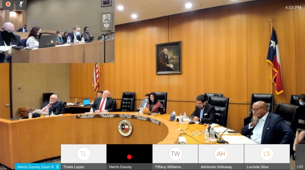 County Administrator David Berry and First Assistant County Attorney Jay Aiyer, top left, presented Harris County's Open Data Policy to commissioners on Dec. 15. (Courtesy Harris County Commissioners Court)