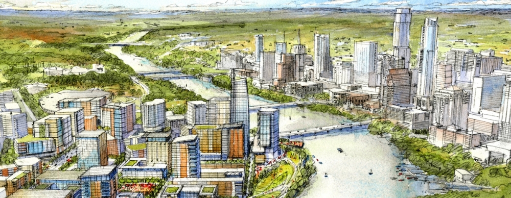 The city has eyed plans for the waterfront district's redevelopment for years. (Courtesy city of Austin)