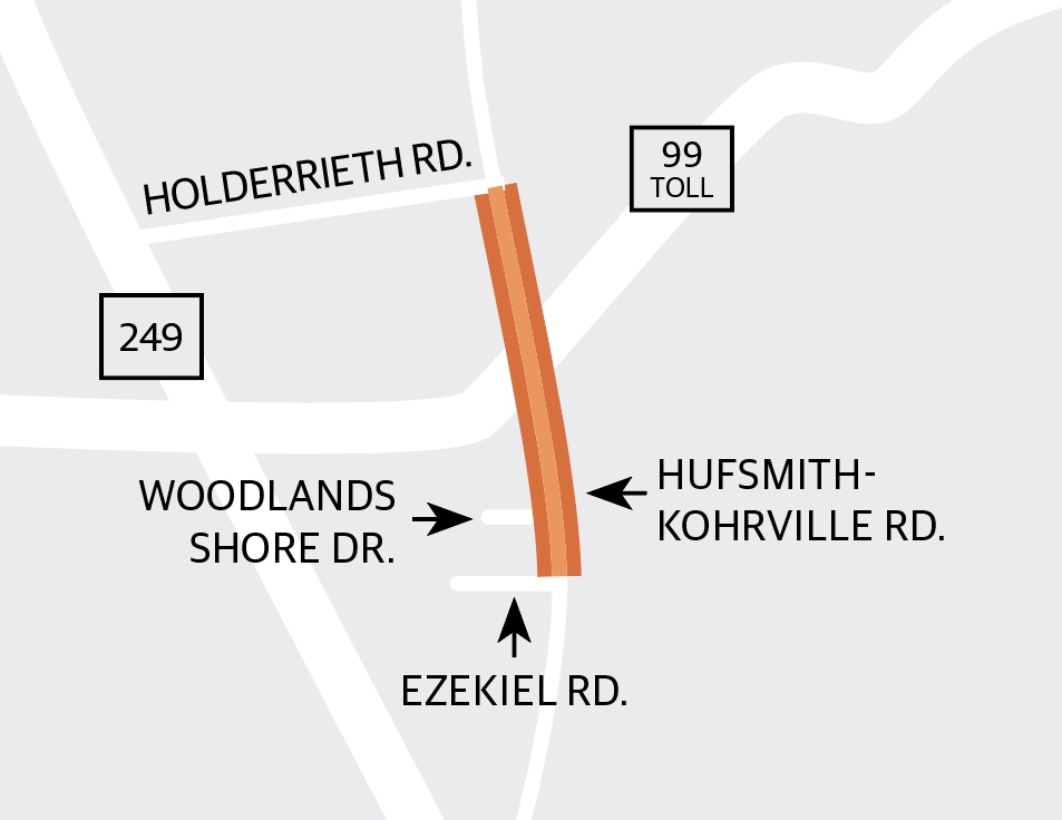 Harris County Precinct 4 is designing a project to upgrade Hufsmith-Kohrville Road between Ezekiel Road and Holderrieth Road as a four-lane concrete paved section with improved drainage accommodations and a new traffic signal at the intersection of Woodlands Shore Drive. (Ronald Winters/Community Impact Newspaper) 
