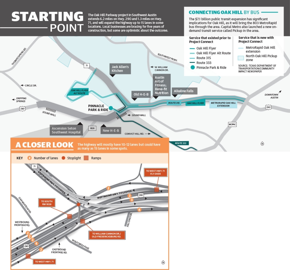 The Oak Hill Parkway project map shows the road will expand up to fifteen lanes and include two flyovers. 