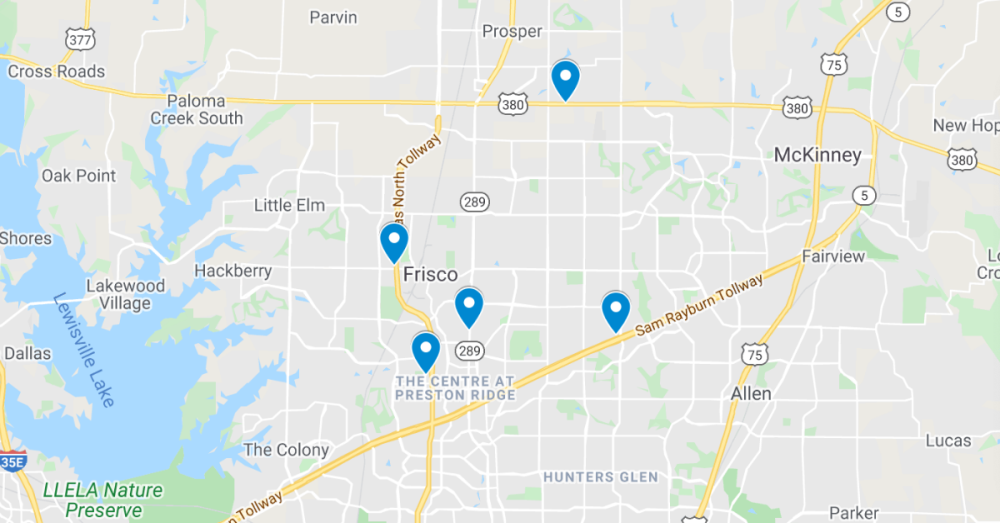 Screenshot of Google Maps Frisco Area, recent commercial projects filed in the Frisco area