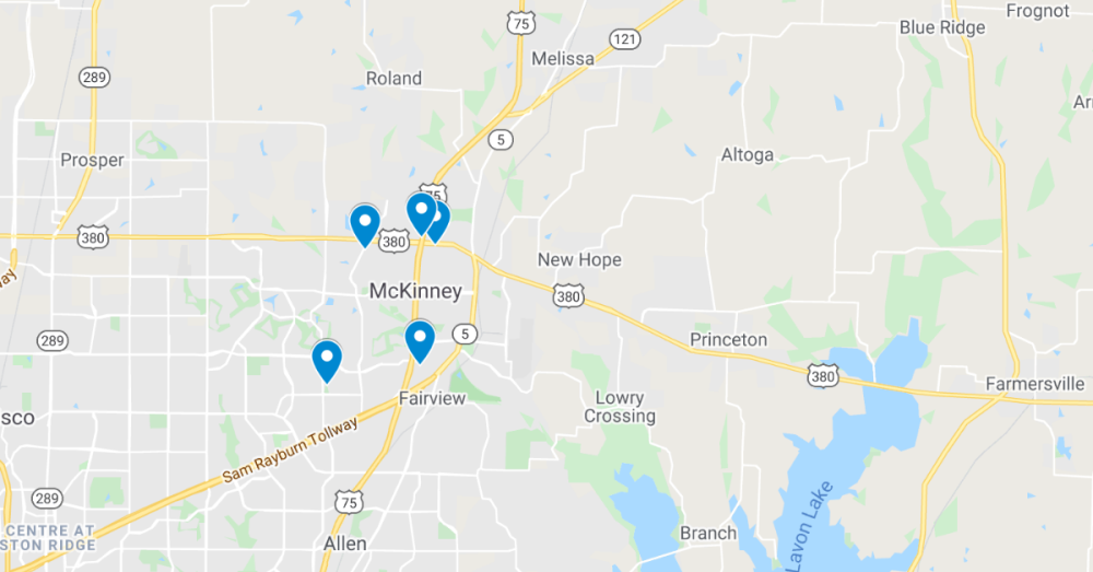 Screenshot of Google Maps, 5 project sites pinned in McKinney