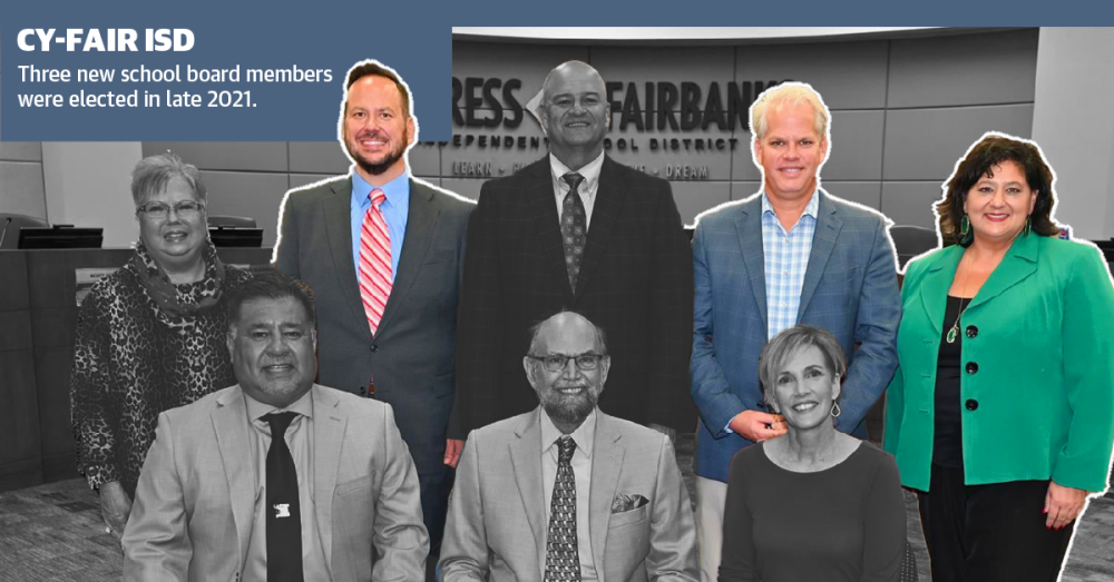 From top left: Debbie Blackshear (elected in 2015), Scott Henry (elected in 2021), Superintendent Mark Henry (hired in 2011), Lucas Scanlon (elected in 2021), Natalie Blasingame (elected in 2021); from bottom left: Gilbert Sarabia (elected in 2019), Tom Jackson (elected in 2011) and Julie Hinaman (elected in 2019) serve on the Cy-Fair ISD board of trustees. (Courtesy Cy-Fair ISD)