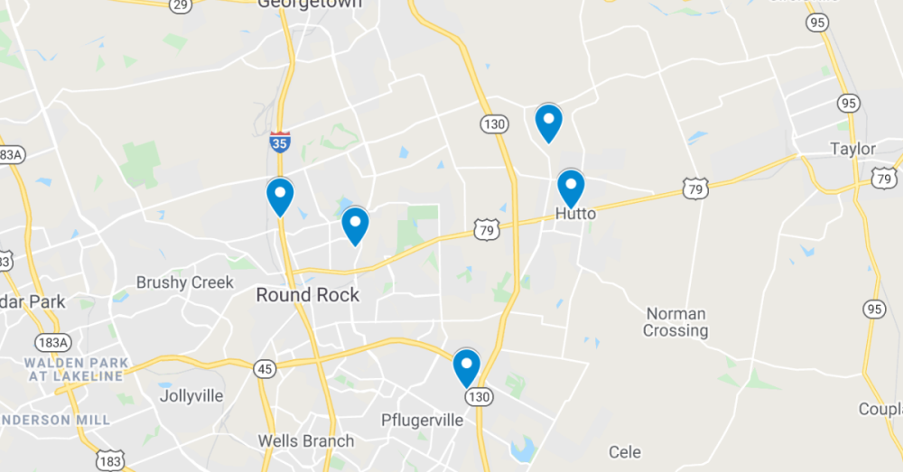 map of commercial projects in round rock, pflugerville and hutto for new construction and renovation 