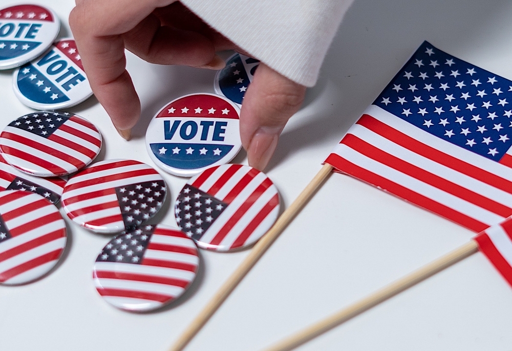 american flags and voter pins