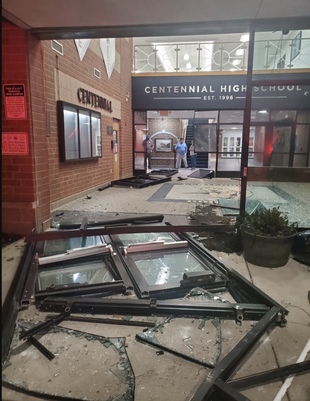 A Williamson County School District student was arrested after allegedly plowing his vehicle into the front of Centennial High School in Franklin the night of Jan. 13, causing damage to the entryway. (Courtesy Franklin Police Department)