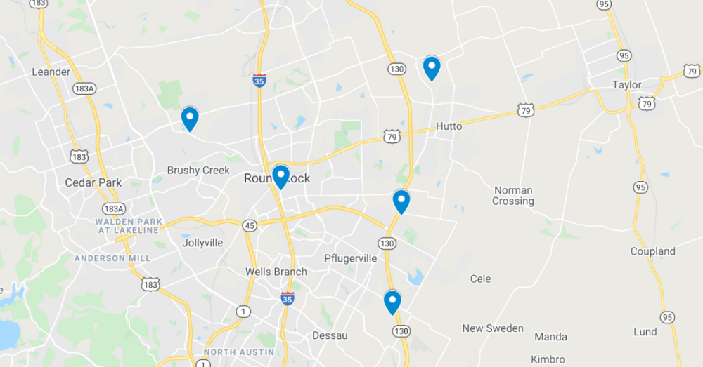 Google Maps screenshot of the Round Rock, Pflugerville and Hutto areas in Central Texas with locations of upcoming commercial projects are pinpointed